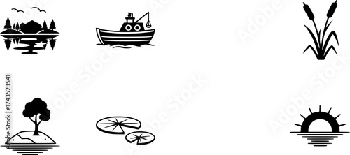 Lake icons set flat vector isolated