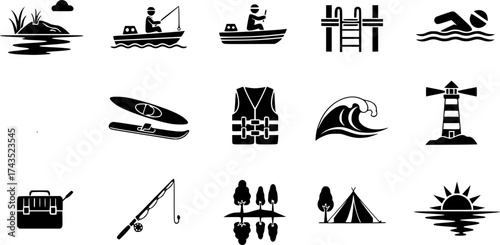 Lake icons set flat vector isolated