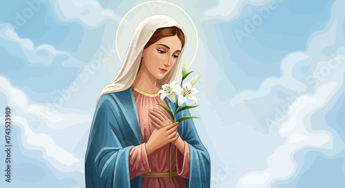 A serene and beautiful illustration of the Virgin Mary holding white lilies.