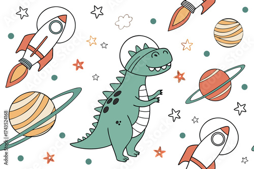 Whimsical seamless pattern featuring playful dinosaurs wearing astronaut helmets floating in a starry cosmic galaxy background perfect for kids designs