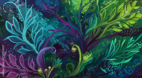 Enchanting fantasy forest flora with vibrant bioluminescent plants.