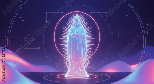 Luminous Virgin Mary statue in a futuristic ethereal setting.