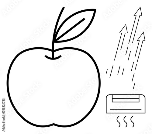 Apple with leaf next to air conditioner emitting airflow and vapor lines. Ideal for food storage, technology, freshness, environment, health, cooling, sustainability. Simple flat metaphor