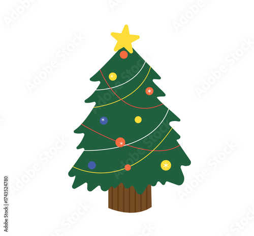 Christmas tree for winter holiday celebration. Festive decoration with ornament, bauble, garland, tinsel and star. Flat vector illustration isolated on white background.