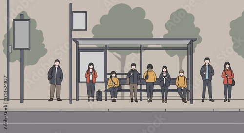 People wearing masks waiting at a bus stop during the day.