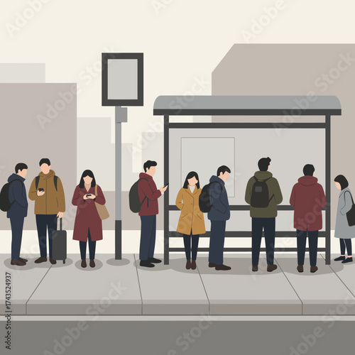 People waiting at a bus stop on a city street.