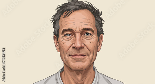 Portrait of a middleaged man with weathered features and tousled hair.