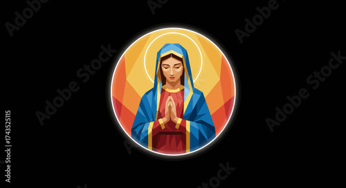 Stylized circular icon of the Virgin Mary praying.