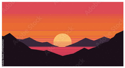 Sunset over the mountains reflecting on the water beautiful scenery.