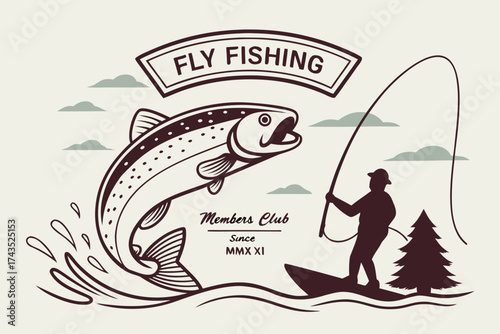 Vintage fly fishing club logo featuring a leaping rainbow trout in a classic emblem style