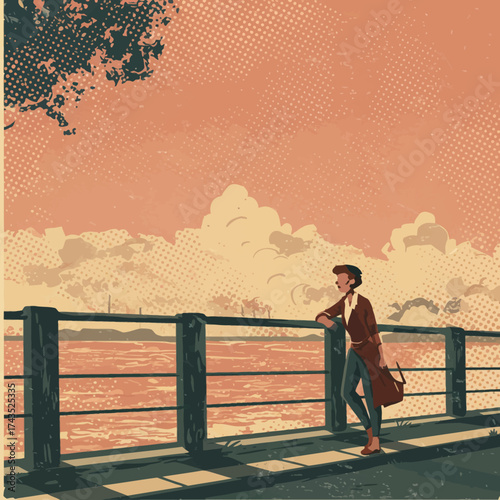 Woman Leaning on Railing Gazing at Water.