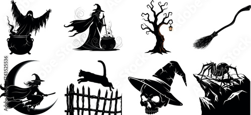 Vector art of assortment of eerie halloween symbols featuring witches, black cats, haunted trees, and broomsticks