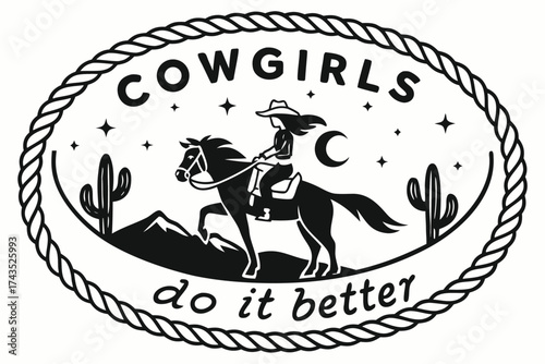 Vintage style emblem illustration of a determined cowgirl riding a horse perfect for western themes and branding