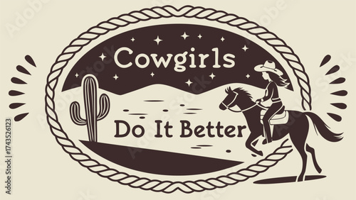 Vintage emblem featuring a determined cowgirl riding her horse through a western landscape