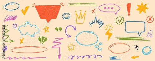 Hand drawn speech bubble, chalked arrows, text underline. Crayon pencil various oval, highlight, emphasis mark, check marks set. Children paint background. Vector freehand elements.