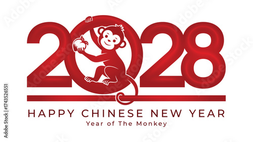 Chinese New Year 2028 number design, monkey sitting holding an apple in the number.