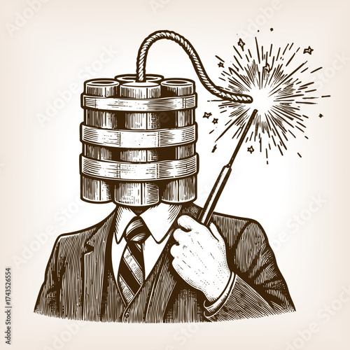 man in a suit with dynamite bundle for a head, holding a lit match, symbolizing danger and stress sketch engraving generative ai vector illustration. Scratch board imitation. Black and white image.