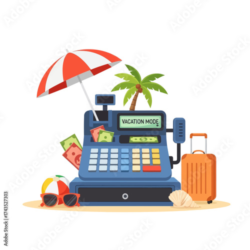 A cash register in "VACATION MODE" surrounded by travel items like a suitcase, umbrella, and palm tree, symbolizing a break from work.