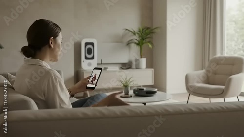 Woman sitting on a couch in a modern living room, using a smartphone while relaxing
