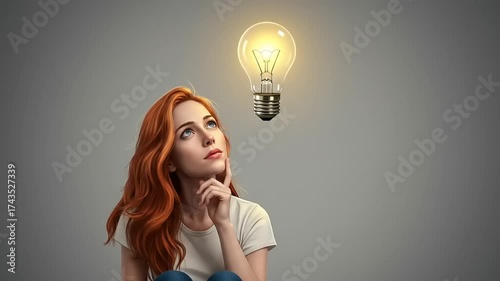 Woman pondering ideas with glowing light bulb above