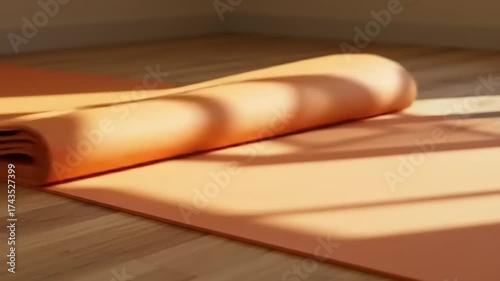 Yoga mat unrolled in sunlit room with shadows