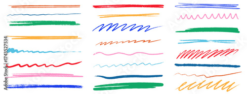 Crayon colored underlines and strikethrough strokes. Brush drawn underlines and strikethrough strokes.Hand drawn pencil scribble lines and wavy brush strokes. Vector squiggle horizontal dividers.