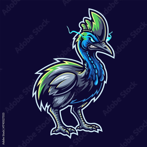 Angry Cassowary Mascot with Electric Aura and Detailed Plumage Illustration.