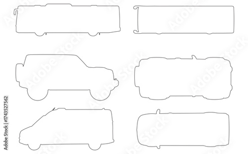 CAD Drawings. Set of outline vector car, bus, minibus vehicles. Top and side view. Vector illustration.