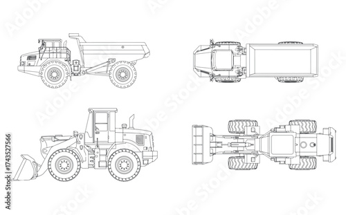 CAD Drawings. Set of heavy equipment vehicles. Top and Side view. Vector illustration.