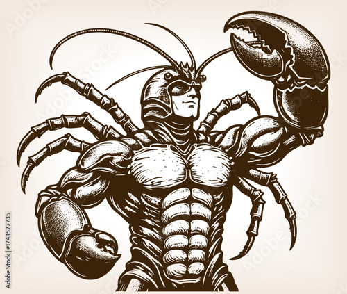muscular humanoid superhero with lobster claws and antennae, surreal fantasy, power, and strength sketch engraving generative ai fictional character vector illustration. Scratch board. Black and white