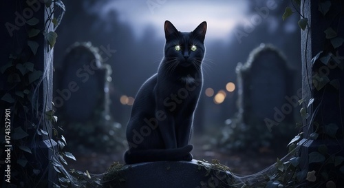 Mysterious Black Cat on Ancient Tombstone at Twilight