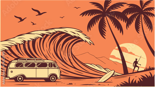 Retro travel poster illustration of a surfer catching a wave at sunset with a vintage aesthetic