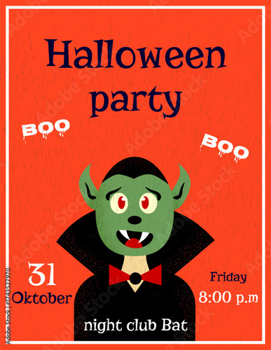A poster for a Halloween invitation.A template with a cute dracula on a red background.An element for printing, websites, and invitations.Vector illustration