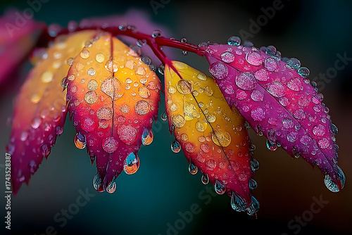 Vibrant Autumn Leaves Adorned with Dewdrops - Nature's Artistry