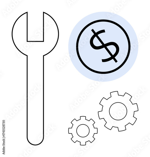 Wrench, dollar coin, and gears symbolize financial tools, wealth management, and economic operations. Ideal for business, finance, strategy, growth planning innovation and simple flat metaphor