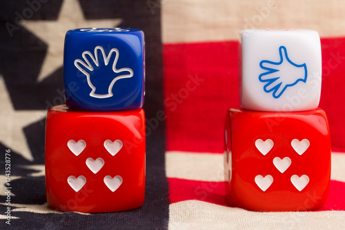 Tableau sur toile Rock, Paper, Scissors cubes against the backdrop of the US flag