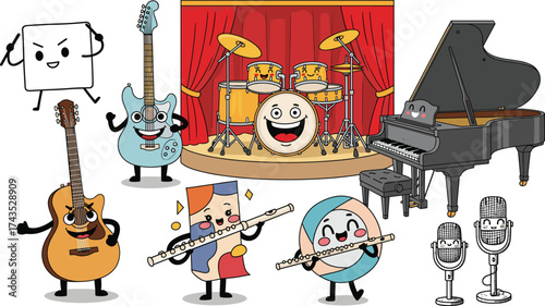 Cartoon musical instruments illustration with guitar, piano, drums, flute, microphones, and stage characters in a fun music performance scene.