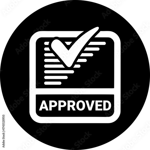 An approved document with a check mark in a black circle showing confirmation and validation of data and information