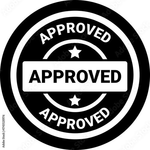 A black and white/transparent approved stamp with stars and text indicating validation and confirmation of quality