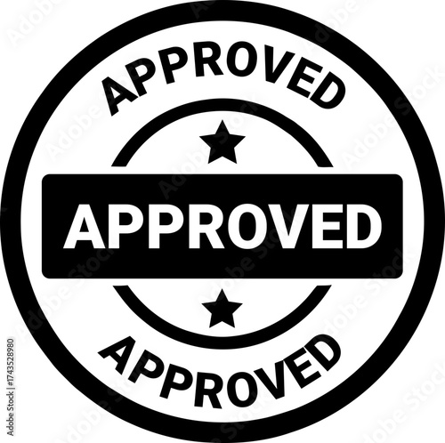 A black and white/transparent approved stamp with stars and circular border design indicating validation or authorization