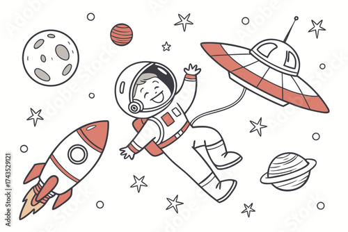 A whimsical doodle art illustration featuring a cheerful astronaut floating in space surrounded by stars and planets rendered in vibrant colors