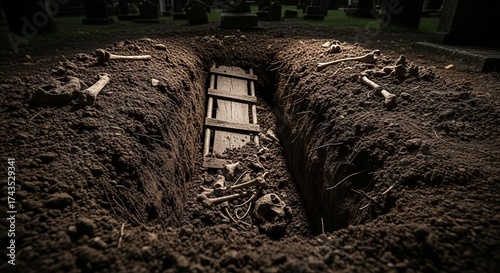 Macabre Open Grave with Bones in Desolate Cemetery