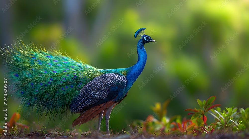 Obraz premium Magnificent peacock displays vibrant blue and green plumage, highlighted against a blurred verdant background, showcasing its elegant posture in a sunlit natural setting.