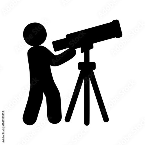 Black silhouette of a person using a telescope on a tripod stand