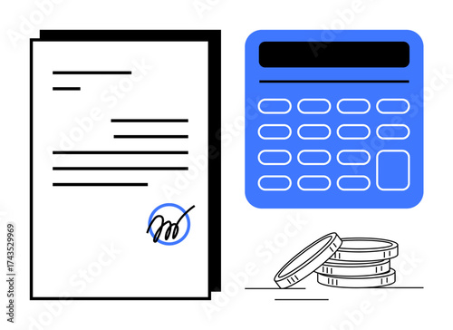Signed document, blue calculator, and stacked coins symbolizing finance, budgeting, and accounting. Ideal for contract management, tax filing, financial planning, payment processing auditing