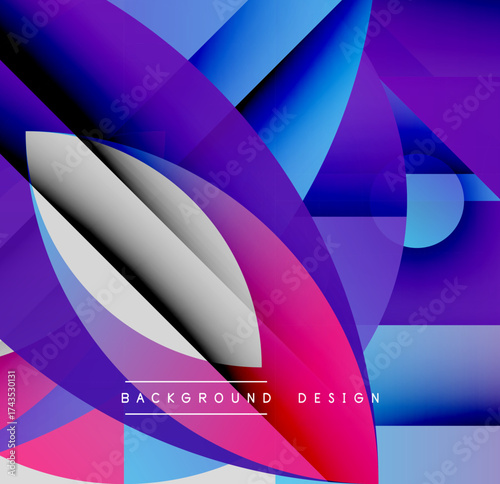 Abstract geometric shapes overlap, creating vibrant purple, blue, pink gradients. Modern design emphasizes dynamic composition, smooth transitions.