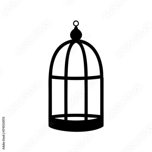 Silhouette of an antique birdcage with a spherical design and hanging ring