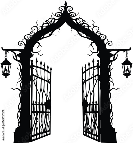 Black silhouette of an ornate gothic archway gate with hanging lanterns and thorny vines
