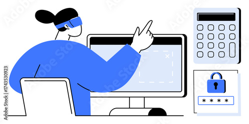 Person working on desktop, highlighting data interface, password lock icon, and calculator. Ideal for cybersecurity, data analysis, digital safety, authentication, finance technology modern