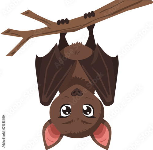 Charming Curious Bat Hanging Upside Down with Expressive Eyes and Soft Fur in a Dark Environment